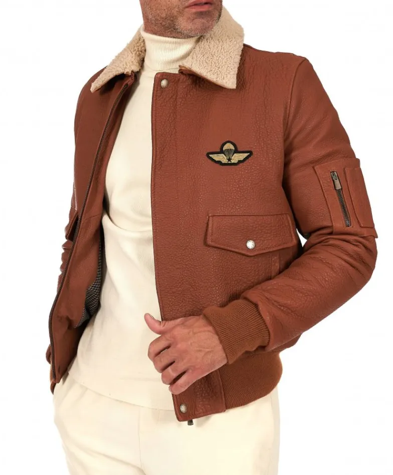 Uomo D'Arienzo Aviator - Giubbotto aviatore in pelle raggrinzita color cuoio collo montone