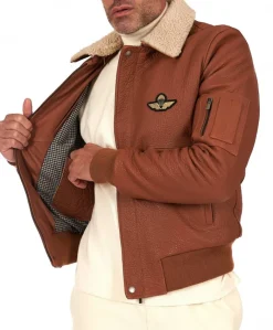 Uomo D'Arienzo Aviator - Giubbotto aviatore in pelle raggrinzita color cuoio collo montone