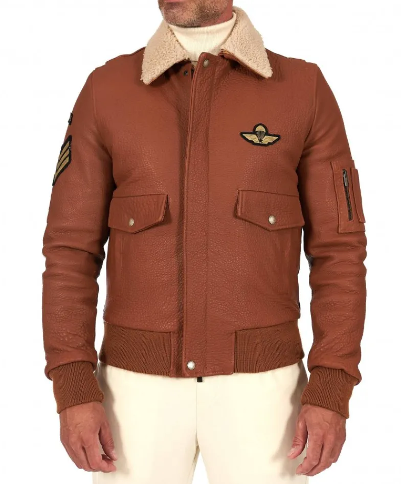 Uomo D'Arienzo Aviator - Giubbotto aviatore in pelle raggrinzita color cuoio collo montone