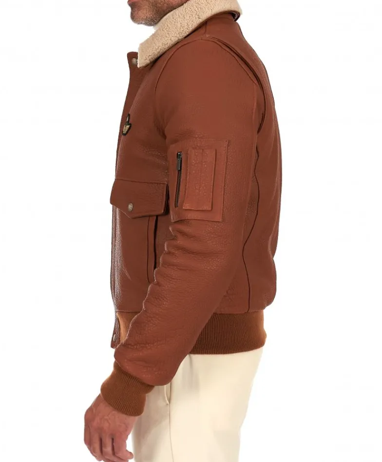 Uomo D'Arienzo Aviator - Giubbotto aviatore in pelle raggrinzita color cuoio collo montone