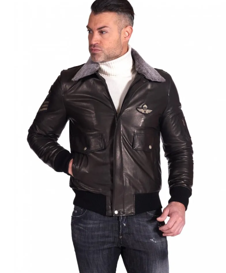 Uomo D'Arienzo Aviator - Giubbotto bomber aviatore in pelle nera collo montone