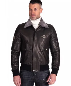 Uomo D'Arienzo Aviator - Giubbotto bomber aviatore in pelle nera collo montone