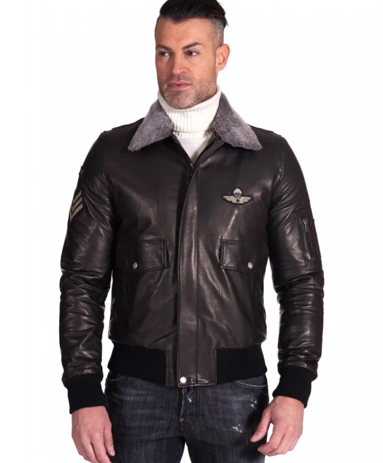 Uomo D'Arienzo Aviator - Giubbotto bomber aviatore in pelle nera collo montone