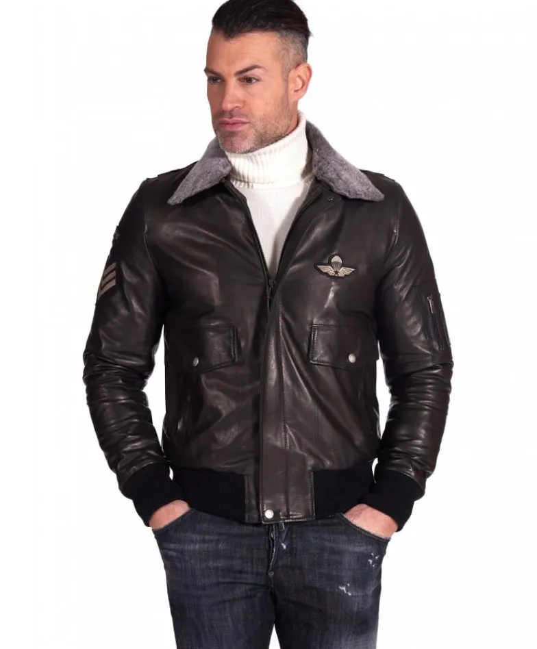 Uomo D'Arienzo Aviator - Giubbotto bomber aviatore in pelle nera collo montone