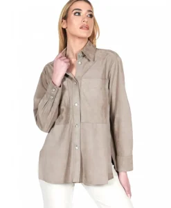 Donna D'Arienzo Beatrix - Camicia in pelle scamosciata fango vestibilità over
