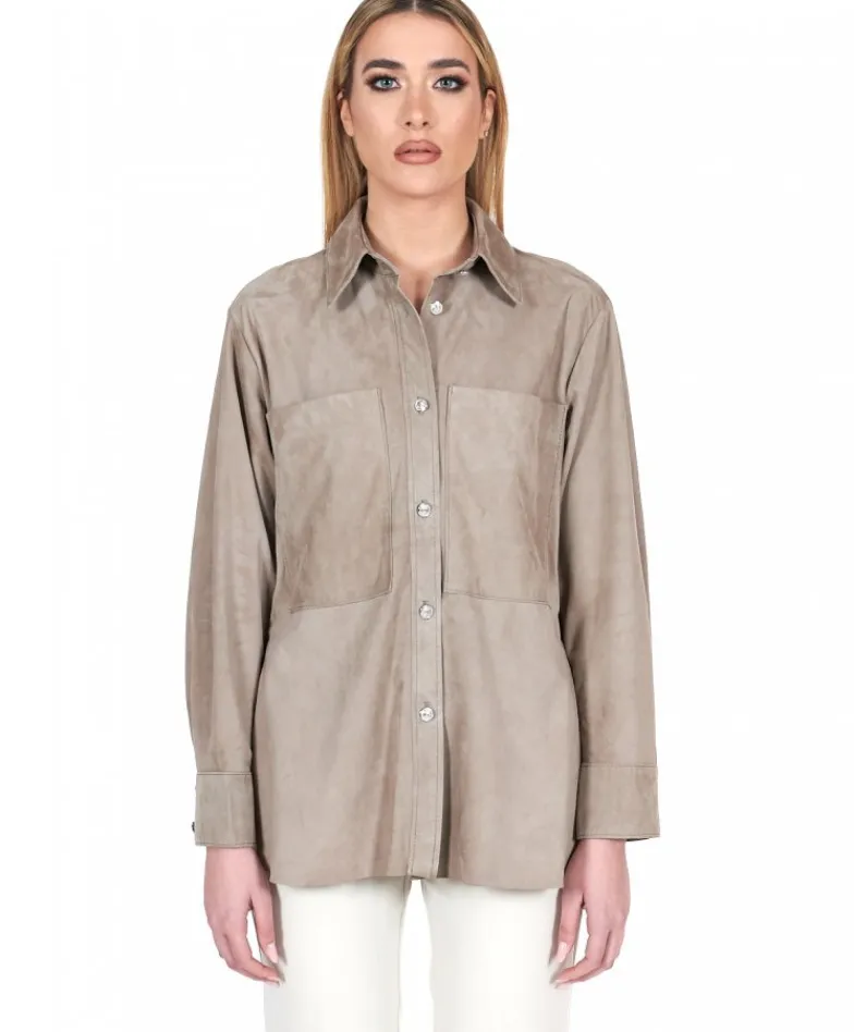 Donna D'Arienzo Beatrix - Camicia in pelle scamosciata fango vestibilità over