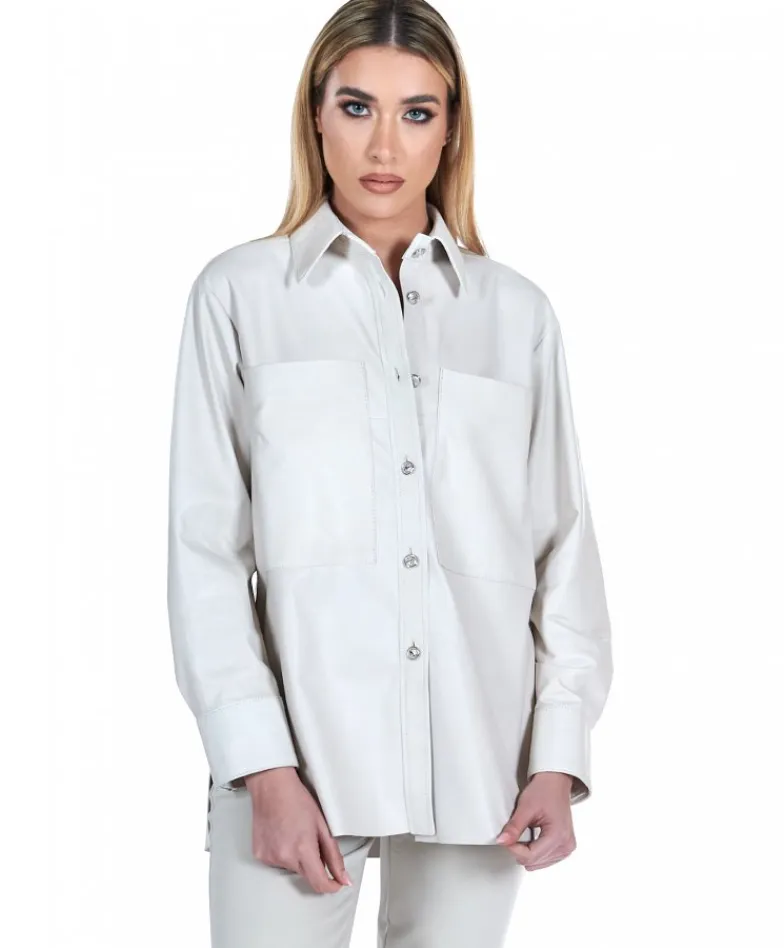 Donna D'Arienzo Beatrix - Camicia in pelle naturale color ghiaccio vestibilità over