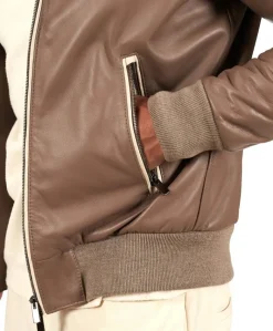 Uomo D'Arienzo Biancolino - Bomber in pelle fango con cappuccio profili a contrasto