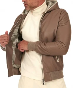 Uomo D'Arienzo Biancolino - Bomber in pelle fango con cappuccio profili a contrasto