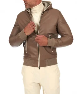Uomo D'Arienzo Biancolino - Bomber in pelle fango con cappuccio profili a contrasto