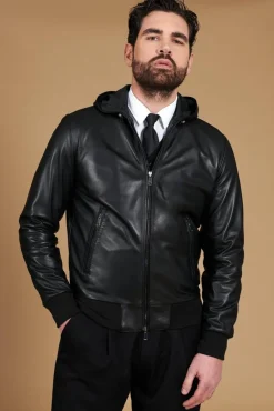 Uomo D'Arienzo Biancolino - Giacca bomber in pelle nera con cappuccio nappa effetto liscio