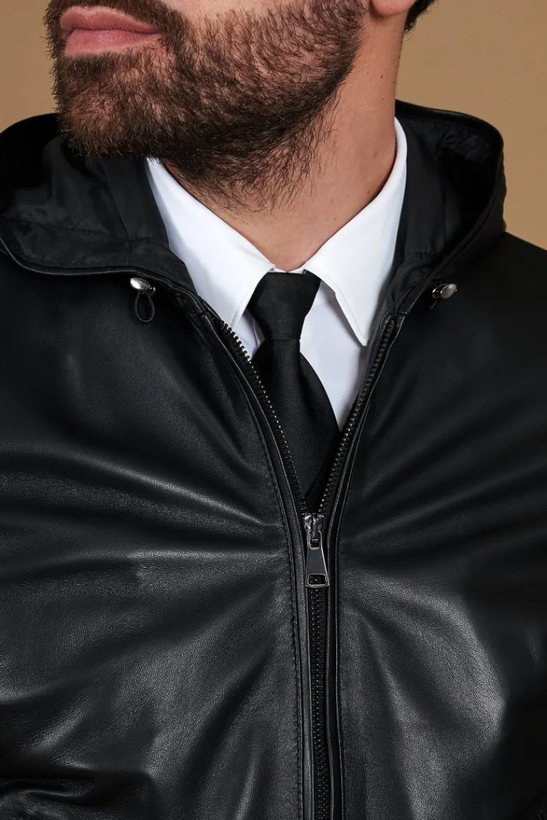 Uomo D'Arienzo Biancolino - Giacca bomber in pelle nera con cappuccio nappa effetto liscio