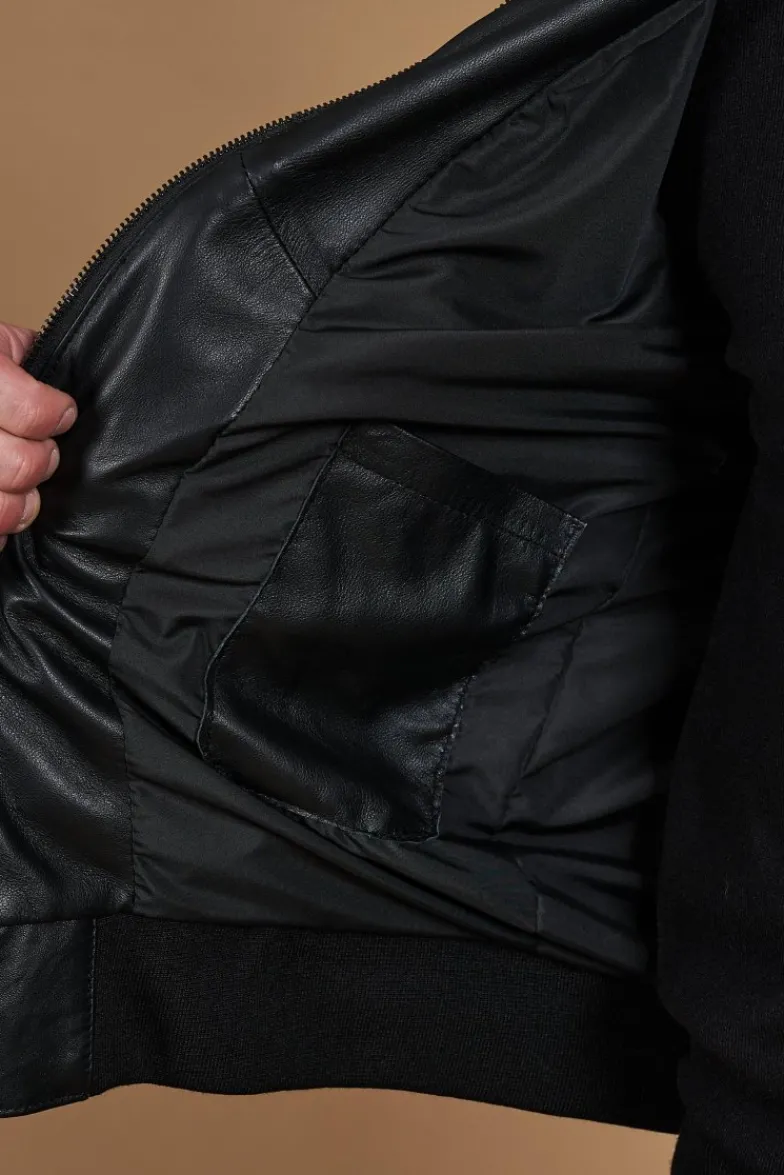 Uomo D'Arienzo Biancolino - Giacca bomber in pelle nera con cappuccio nappa effetto liscio