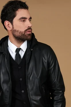 Uomo D'Arienzo Biancolino - Giacca bomber in pelle nera con cappuccio nappa effetto liscio