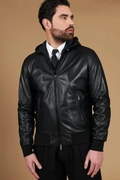 Uomo D'Arienzo Biancolino - Giacca bomber in pelle nera con cappuccio nappa effetto liscio