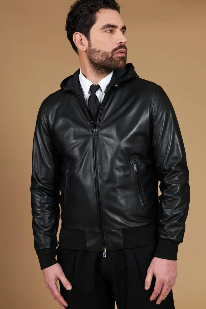 Uomo D'Arienzo Biancolino - Giacca bomber in pelle nera con cappuccio nappa effetto liscio