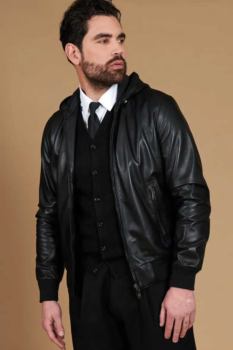Uomo D'Arienzo Biancolino - Giacca bomber in pelle nera con cappuccio nappa effetto liscio