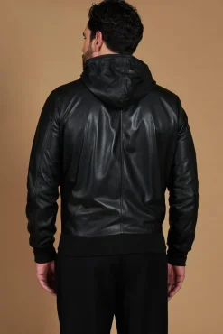 Uomo D'Arienzo Biancolino - Giacca bomber in pelle nera con cappuccio nappa effetto liscio