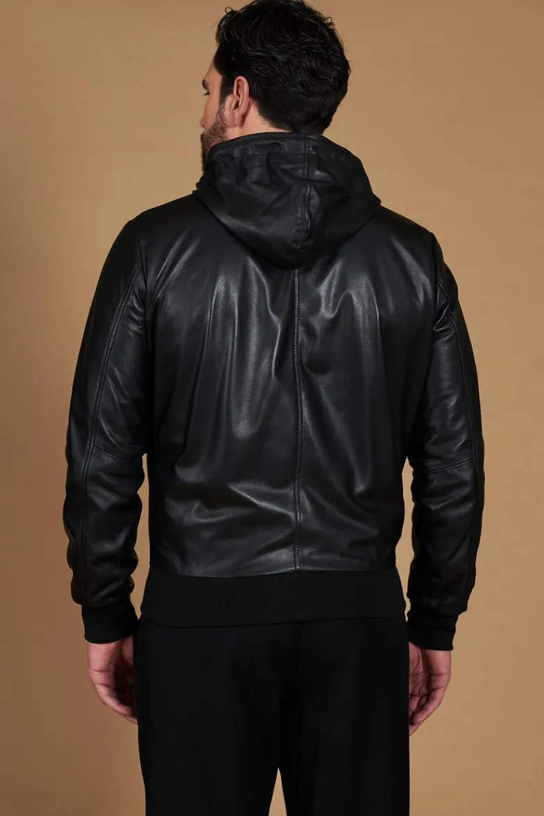 Uomo D'Arienzo Biancolino - Giacca bomber in pelle nera con cappuccio nappa effetto liscio