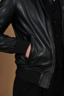 Uomo D'Arienzo Biancolino - Giacca bomber in pelle nera con cappuccio nappa effetto liscio