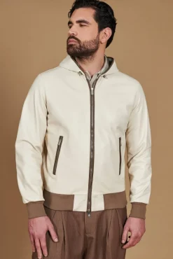 Uomo D'Arienzo Biancolino - Giacca bomber in pelle color crema con cappuccio