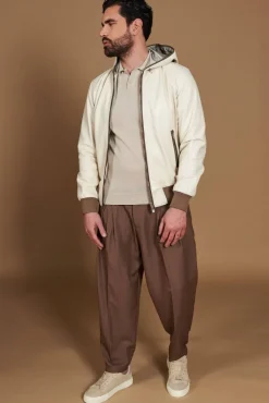Uomo D'Arienzo Biancolino - Giacca bomber in pelle color crema con cappuccio