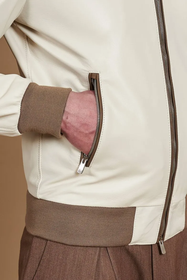 Uomo D'Arienzo Biancolino - Giacca bomber in pelle color crema con cappuccio