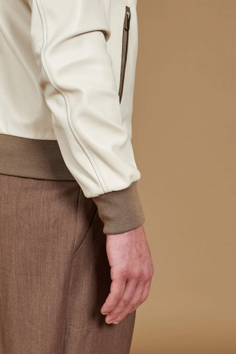 Uomo D'Arienzo Biancolino - Giacca bomber in pelle color crema con cappuccio