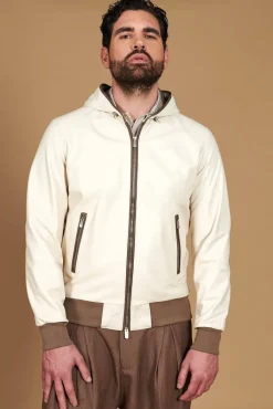 Uomo D'Arienzo Biancolino - Giacca bomber in pelle color crema con cappuccio