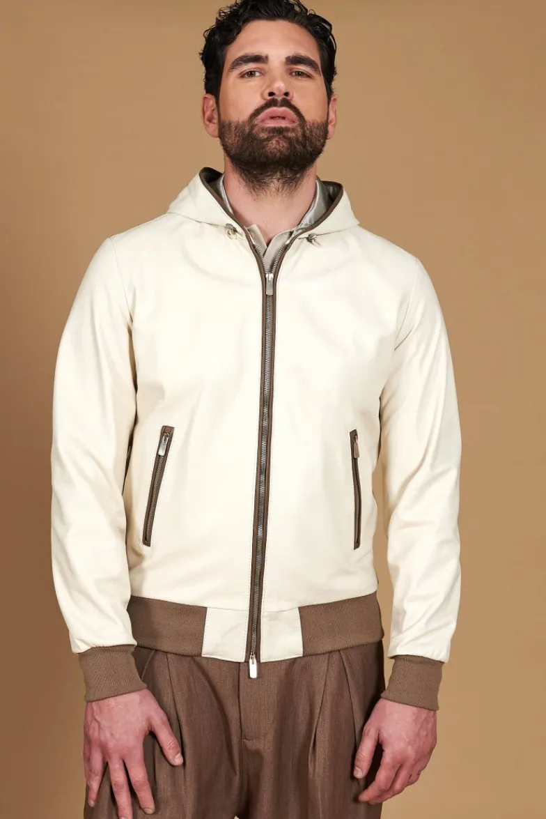 Uomo D'Arienzo Biancolino - Giacca bomber in pelle color crema con cappuccio