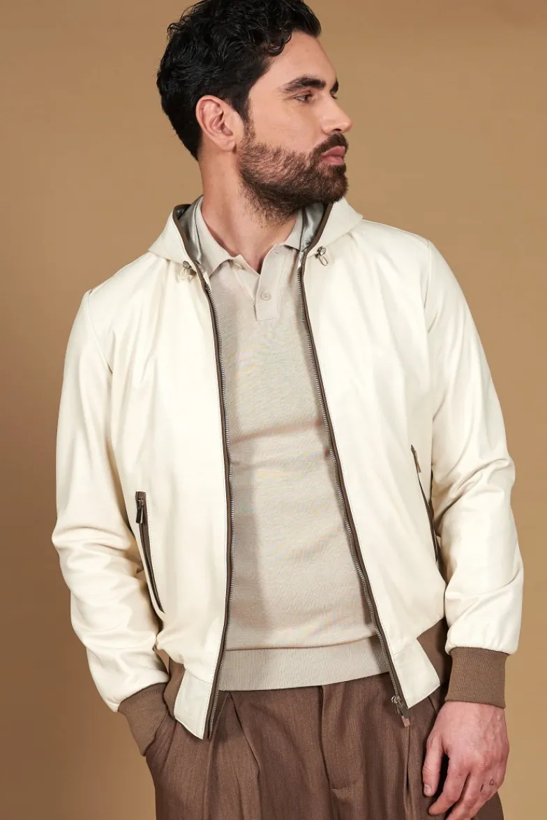 Uomo D'Arienzo Biancolino - Giacca bomber in pelle color crema con cappuccio