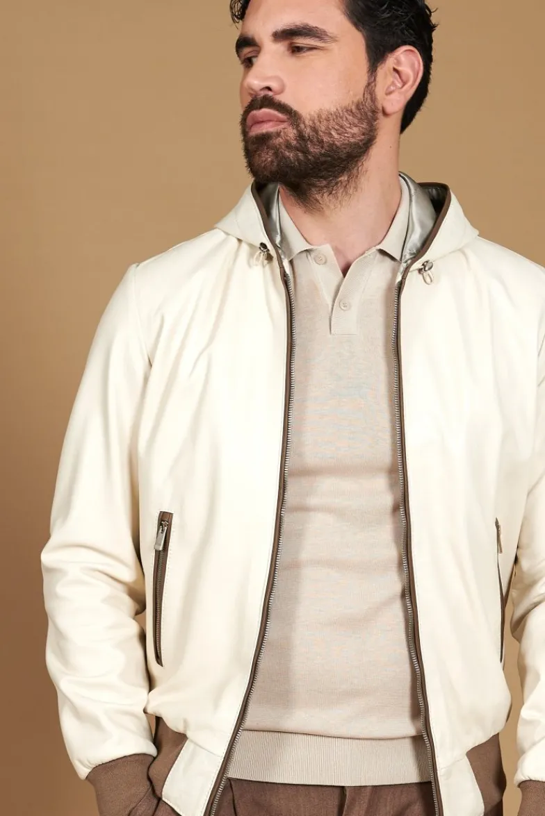 Uomo D'Arienzo Biancolino - Giacca bomber in pelle color crema con cappuccio