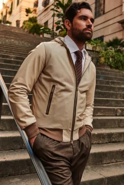 Uomo D'Arienzo Biancolino - Giacca bomber in pelle traforata color crema con cappuccio