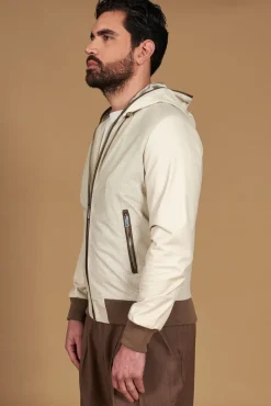 Uomo D'Arienzo Biancolino - Giacca bomber in pelle traforata color crema con cappuccio