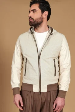Uomo D'Arienzo Biancolino - Giacca bomber in pelle traforata color crema con cappuccio