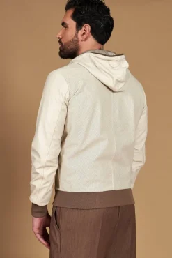 Uomo D'Arienzo Biancolino - Giacca bomber in pelle traforata color crema con cappuccio