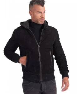 Uomo D'Arienzo Biancolino - Giubbotto Bomber in pelle scamosciata nera con cappuccio