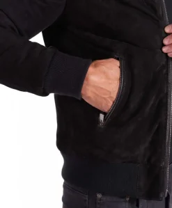 Uomo D'Arienzo Biancolino - Giubbotto Bomber in pelle scamosciata nera con cappuccio