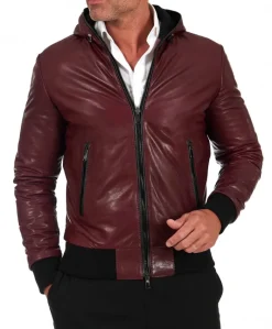 Uomo D'Arienzo Biancolino - Giubbotto Bomber in pelle vintage vinaccio con cappuccio