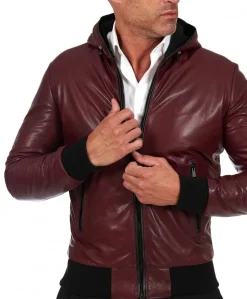 Uomo D'Arienzo Biancolino - Giubbotto Bomber in pelle vintage vinaccio con cappuccio