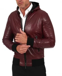 Uomo D'Arienzo Biancolino - Giubbotto Bomber in pelle vintage vinaccio con cappuccio