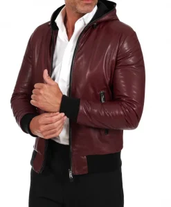 Uomo D'Arienzo Biancolino - Giubbotto Bomber in pelle vintage vinaccio con cappuccio