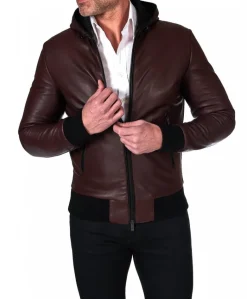 Uomo D'Arienzo Biancolino - Giubbotto Bomber in pelle naturale vinaccio con cappuccio