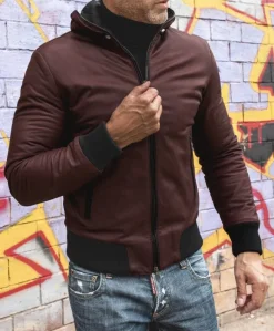 Uomo D'Arienzo Biancolino - Giubbotto Bomber in pelle naturale vinaccio con cappuccio