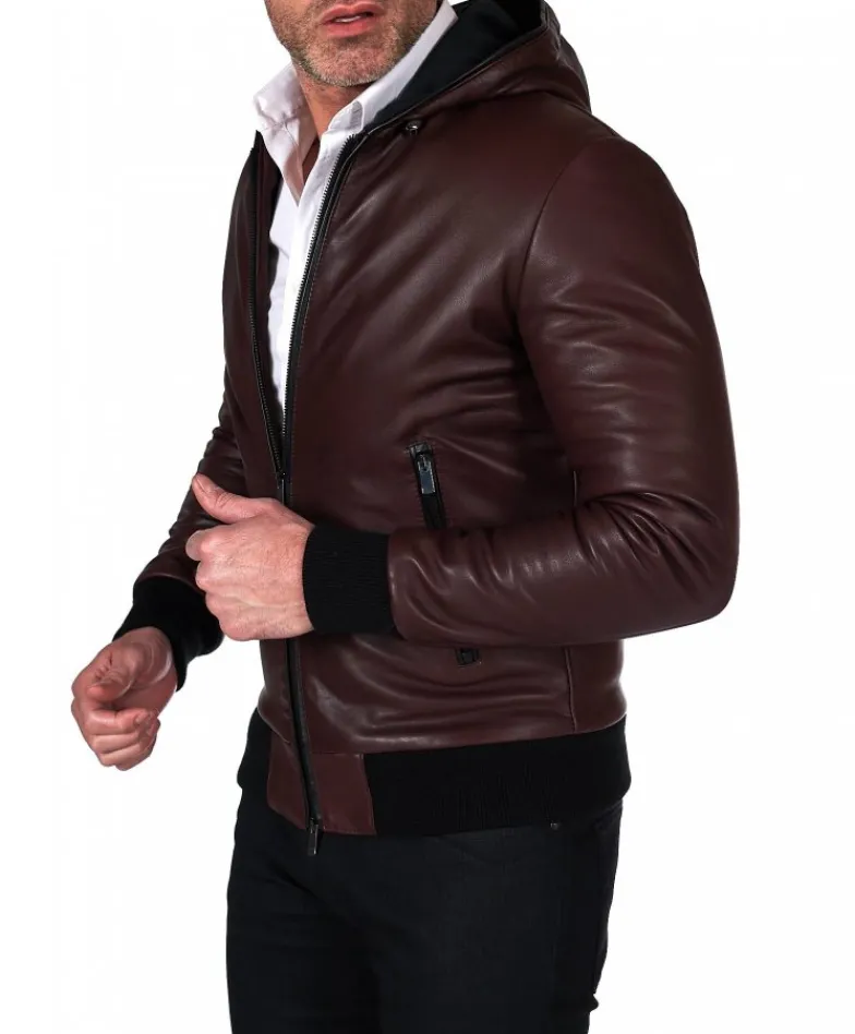 Uomo D'Arienzo Biancolino - Giubbotto Bomber in pelle naturale vinaccio con cappuccio