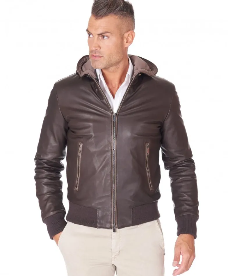 Uomo D'Arienzo Biancolino - Giubbotto bomber in pelle testa di moro con cappuccio