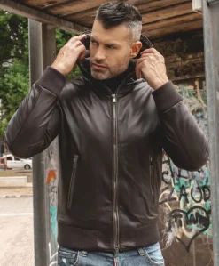 Uomo D'Arienzo Biancolino - Giubbotto bomber in pelle testa di moro con cappuccio