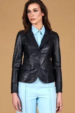 Donna D'Arienzo Blazer - Giacca blazer in pelle blu due bottoni nappa effetto liscio