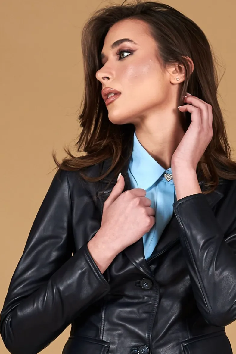 Donna D'Arienzo Blazer - Giacca blazer in pelle blu due bottoni nappa effetto liscio