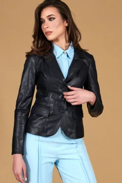 Donna D'Arienzo Blazer - Giacca blazer in pelle blu due bottoni nappa effetto liscio